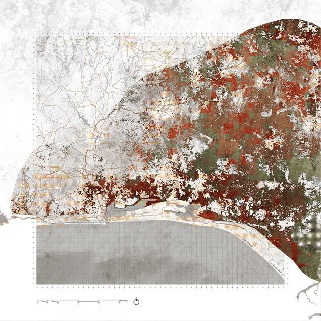 Projected urban growth in Lagos, Nigeria, overlain on biodiversity data. Dark green indicates remnant vegetation while lighter green indicates protected areas. Red areas are regions of expected urban-biodiversity conflicts in 2030. Image: Richard Weller / Hotspot Cities